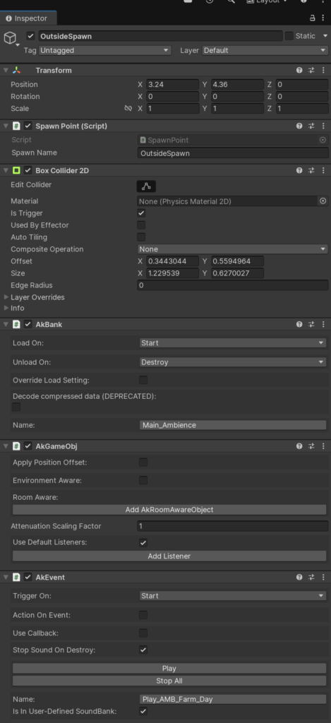Unity Inspector view of AkBank and AkEvent components